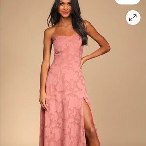 Lulu’s strapless bridesmaid dress in Rusty Rose